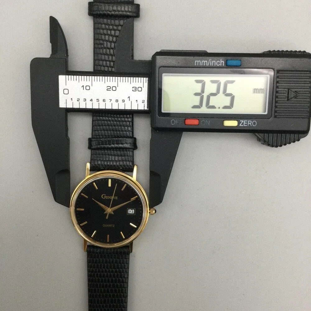 Vintage Geneve Mens Watch 33mm Black Dial Date 14K Gold Leather New Battery